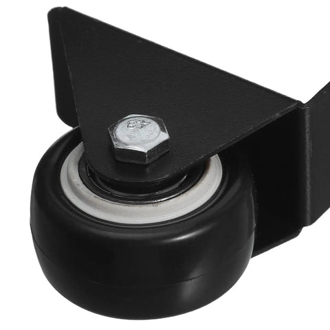 Close-up of black rubber wheel on 8 Piece L Shaped Plate Casters For Furniture And Luggage With Rubber Wheels, Bottom Mount Fixed Casters For One And A Half Inch Fit, Smooth Glide No Fuss, Low Noise, Easy Install For Sliding Doors And Cabinets.