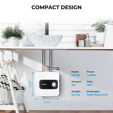 Compact Electric Water Heater 2.5 Gallon On Demand For Instant Hot Water Plug In Cord 110 To 120V installed under sink
