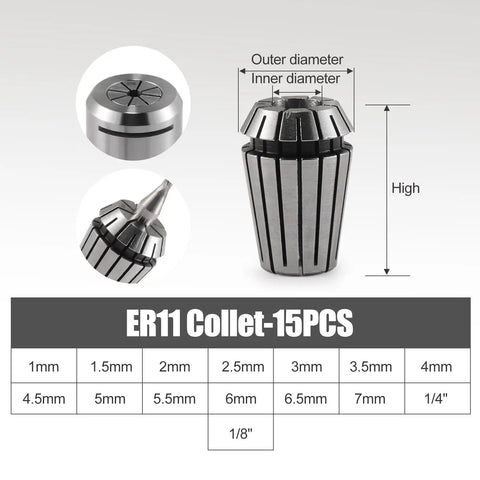 15 Piece ER11 Collet Set For CNC Milling Engraving And Lathe Tools, Pro Grade Spring Steel Collets From 1mm To 7mm And 1/8 Inch To 1/4 Inch