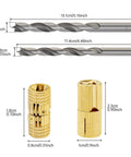 Hidden Brass Barrel Hinges Set With Drill Bit for Wooden Boxes, two drill bits and brass hinges with measurements shown