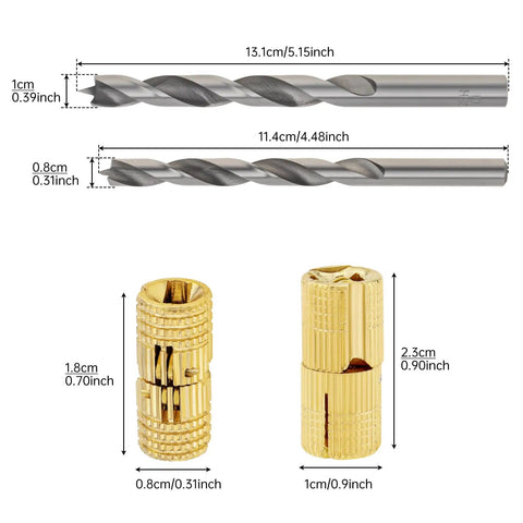 Hidden Brass Barrel Hinges Set With Drill Bit for Wooden Boxes, two drill bits and brass hinges with measurements shown