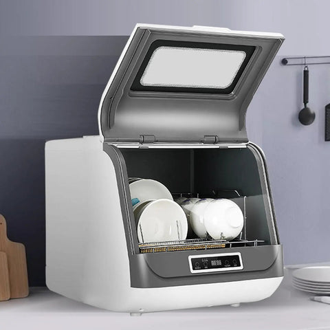 Smooth Operator Countertop Dishwasher With Three Reliable Wash Cycles Heated Dry Setting And Rotating Spray For Sparkling Dishes, open with clean dishes inside.