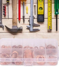 Top Rated 200 Piece Copper Washer And Gasket Assortment Kit Metric M5 To M14 Flat Ring Seals Hardware Tool With Durable Storage Box Perfect For DIY Home Repair Jobs And Quick Car Fixes On A Tight Budget, copper washer kit in storage box with tools