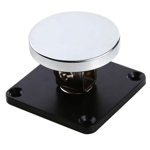 Silver finish Emergency Smokeproof Electromagnetic Door Holder American Type Flush Wall Mount, front view on black base.