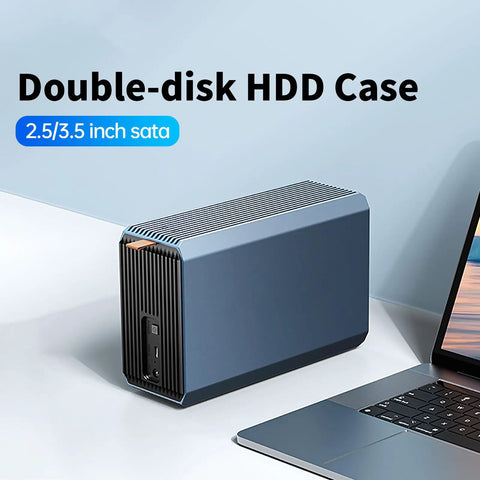 Top Rack Dual Sata Hard Drive Enclosure With Raid Disk Array And Quiet Cooling Fan USB3.0 Hook Up For Desktop Pcs Or Laptops, double-disk HDD case, aluminum shell.