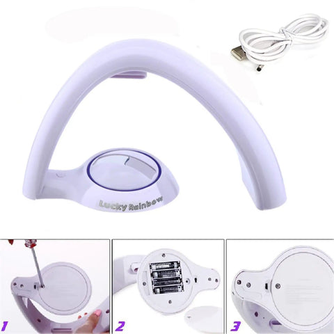 Rainbow LED Lights USB Powered Projector Night Light For Bedroom Kids Room, shown with USB cable and battery compartment.
