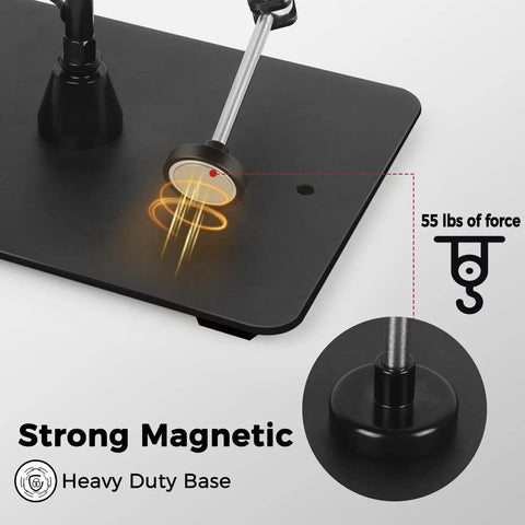 Go-To Hands-Free Soldering Station with strong magnetic heavy-duty base and 55 lbs of force displayed on black surface