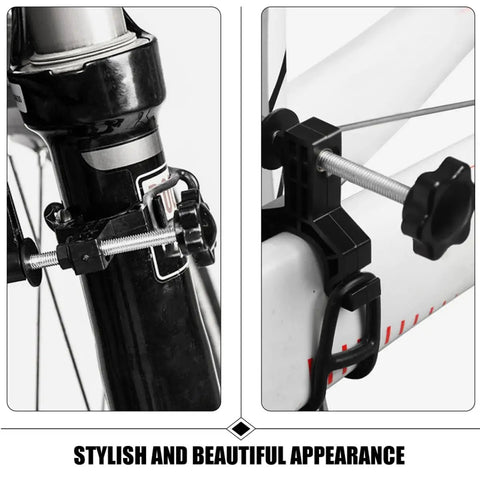 Spoke Tool With Spanner And Strap Compact Wheel Truing Stand attached to a black and white bike frame showing stylish appearance.