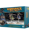 Product box of Dwarfen Mountain Holds Dwarf Gyrocopters And Gyrobombers for Warhammer with two model gyrocopters on display