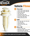 50 Pack Heavy Duty Door Panel Clips Retainers For Gmc Chevrolet Silverado Chevy Pickup Dash Trim Fastener Replacement 15545202 white nylon clip showing vehicle fitment details.