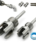 Close-up of Two Pack PVC Pipe Threader Set For One Half Inch And Three Quarter Inch Plastic Pipes in drill use