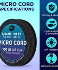 Black Micro Paracord 1.18 mm By 125 Ft Thin Yet Tough Utility Cord spool with specifications on blue background