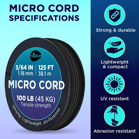 Black Micro Paracord 1.18 mm By 125 Ft Thin Yet Tough Utility Cord spool with specifications on blue background
