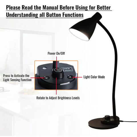 Led Desk Lamp With USB Charger And Three Color Temperature Twenty Brightness Levels Eye Caring Metal Desk Light For Office And Bedroom Ten Watt One Thousand Lumens Adapter Included with control functions display and flexible neck shown