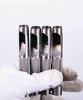 Three-Piece Grommet Hole Punch Set For Leatherworking, Heavy Duty Steel Hollow Punches held in gloved hand, showing detailed steel texture.