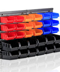 Wall Mounted Garage Storage Bins Organizer Rack With 30 Bins In Four Colors ABS Plastic For Screws And Small Parts