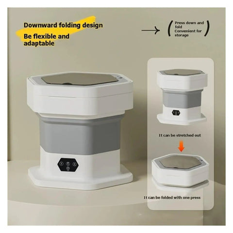 Game Changer No Sweat Portable Folding Washing Machine 8L Compact Mini Washer Dryer showing flexible folding design for easy storage.