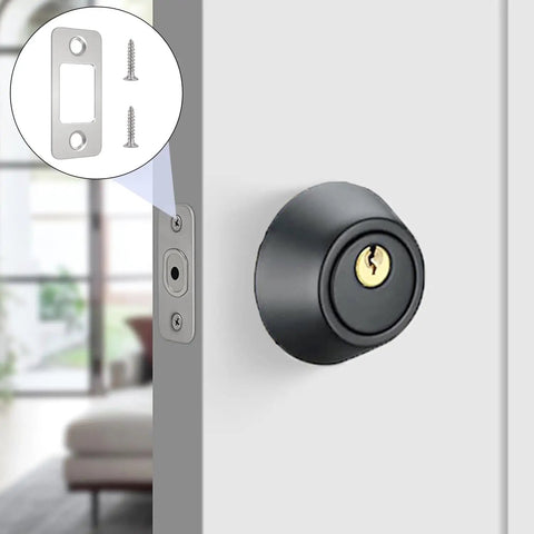 Stainless Steel Round Corner Deadbolt Strike Plate, 1 Inch By 2.25 Inch, 2 Pack With Screws, installed on modern front door