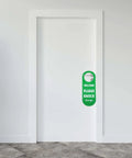 Durable PU Leather Do Not Disturb And Please Knock Door Knob Privacy Sign in green on white door, ideal for office, 230x100x5 mm