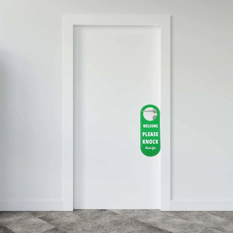 Durable PU Leather Do Not Disturb And Please Knock Door Knob Privacy Sign in green on white door, ideal for office, 230x100x5 mm