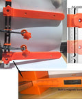Pro Grade Drawer Slide Installation Kit With Laser Dual Scale Markings And Magnetic Arm For Quick, Precise Cabinet Drawers And Desks Mounting, Tool Free Adjustment No Measuring Tools Required displayed with adjustable orange arms and ruler.