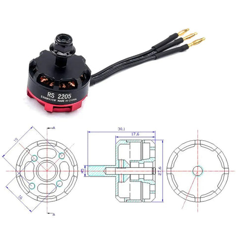 RS2205 2300KV Brushless FPV Motor CW CCW For 3S To 4S LiPo Drones with technical drawings