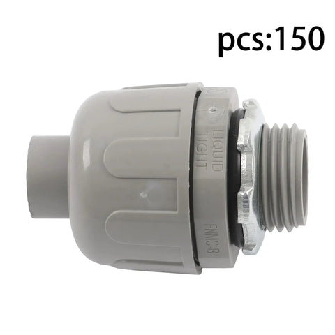 Heavy Duty Half Inch Npt Conduit Connectors 180 Degree Straight Wire Cable Grip 150 Pack tool-free gray plastic fitting close-up.