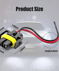 Diagram of 4 Pack H11 H9 H8 880 881 Female Wiring Adapters Harness Sockets with product size measurements in front of car.