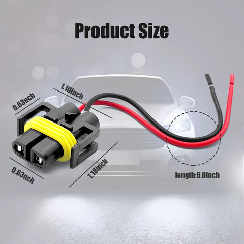 Diagram of 4 Pack H11 H9 H8 880 881 Female Wiring Adapters Harness Sockets with product size measurements in front of car.