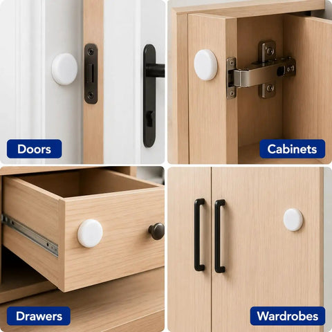 Round PU Door Stop 12 Pack Adhesive No Drill Door Stopper for Doors, Cabinets, Drawers, and Wardrobes in a multi-view image