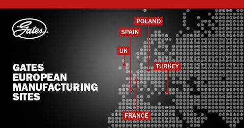 Map showing Gates European manufacturing sites in Poland, Spain, UK, Turkey, and France.