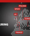 Map highlighting Gates European manufacturing sites in Spain, UK, France, Poland, and Turkey with company logo.