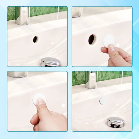Top Shelf Rubber Sink Overflow Cover Cap 3 Pack White Silicone Drain Guard installation in sink overflow hole.