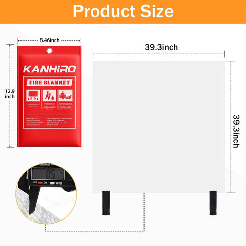 Grab And Go Fire Blanket For Home And Kitchen Safety 4 Pack 40x40 Fiberglass Emergency Suppression Blanket No Expiry Quick Deploy Great For School, Fireplace, Grill, Car, Office, And Warehouse shown with dimensions 39.3 x 39.3 inches.