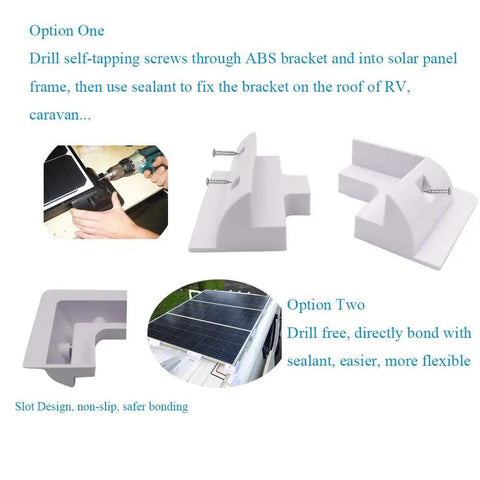 Drill Free Solar Panel Mounting Brackets Kit 7 Piece ABS Corner Brackets for roofs on RVs, showcasing installation method.