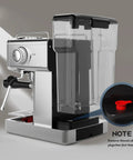 Heavy Duty Stainless Steel Espresso Machine Featuring A Clear Visual Pressure Gauge And A Mighty Twenty Bar Pump Pulling Straight Fire Shots With Knockout Quality Crema Daily, showing side view and water tank.