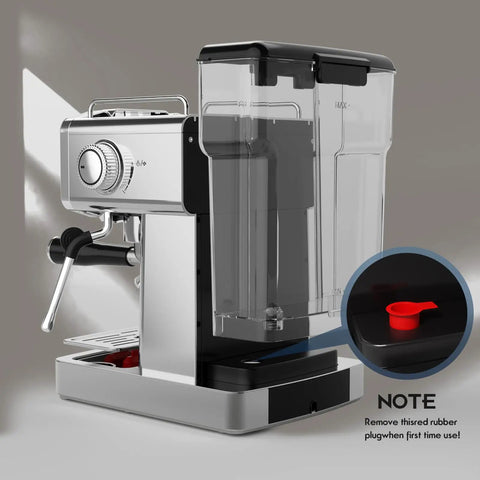 Heavy Duty Stainless Steel Espresso Machine Featuring A Clear Visual Pressure Gauge And A Mighty Twenty Bar Pump Pulling Straight Fire Shots With Knockout Quality Crema Daily, showing side view and water tank.