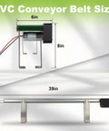 Dimensions of 39 Inch Adjustable Speed Belt Conveyor For Desktop Use, PVC Belt With Built In Sensors showing 6 in x 8 in x 39 in.