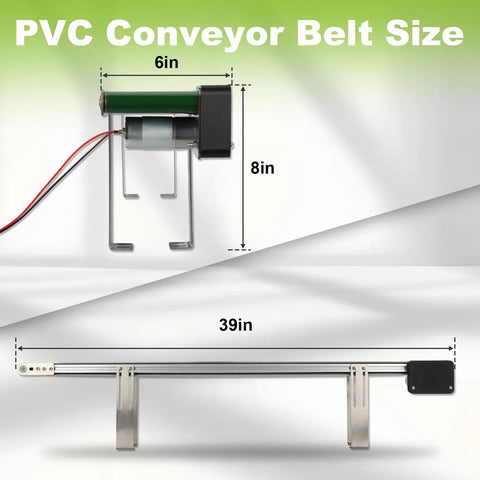 Dimensions of 39 Inch Adjustable Speed Belt Conveyor For Desktop Use, PVC Belt With Built In Sensors showing 6 in x 8 in x 39 in.