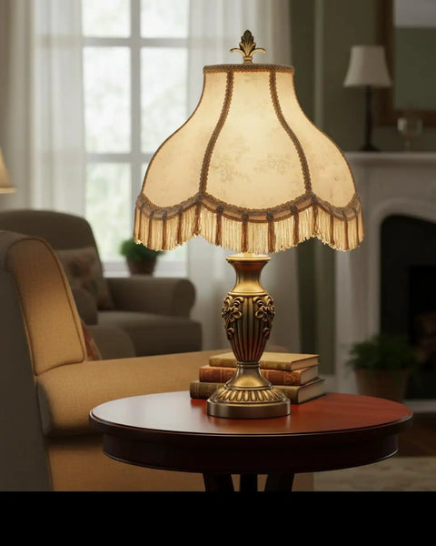 Transitional Scallop Bell Shade For Lamps In Ivory Jacquard Fabric With Brass Spider Fitter in a cozy living room setting