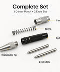 5 Inch Automatic Center Punch With 2 Spare Tips Adjustable Tension Spring Steel Marking Tool Knocking Flawless Starter Dots On Metal Wood DIY Jobs And Shop Rigs Built Tough Works Like A Charm Always complete set with body, replaceable tip, spring and extra bits.