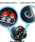 Heavy Duty 16 Inch Industrial Misting Fan With Auto Swinging Head Three Speed Settings Roll Around Frame For Warehouse Cooling That Throws Down Insane Airflow To Keep You Chilled Zero Sweat control panel showing switches for atomize and wind power.