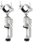 Two Pack Two Inch Bench Vise And Grinder Holders featuring 360 degree rotating design in gray aluminum for steady clamping.
