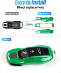 Giant Python Green Porsche Key Case and Cover installation guide showing original key and assembled cover for Macan Cayenne 718 Cayman.