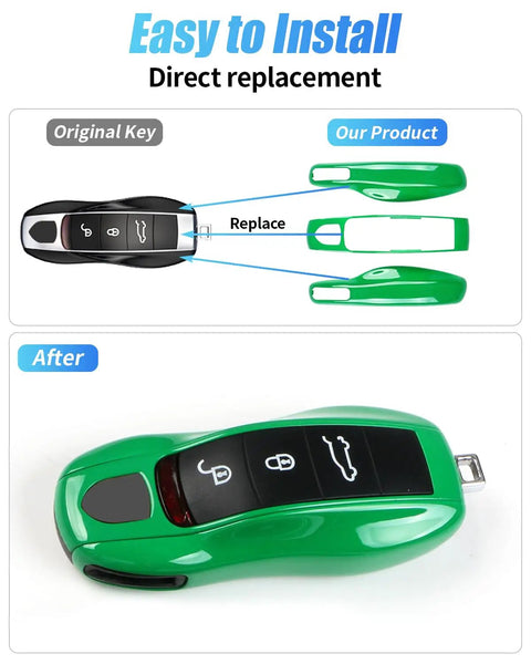 Giant Python Green Porsche Key Case and Cover installation guide showing original key and assembled cover for Macan Cayenne 718 Cayman.