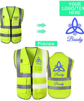 Heavy-Duty Hi-Vis Safety Vest With Pockets And Zipper, Custom Reflective Workwear For Tradesmen And Job Sites, Lightweight Polyester Class 2 Vest with logos