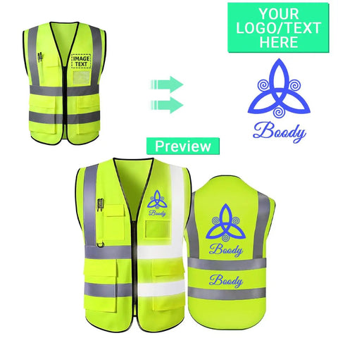 Heavy-Duty Hi-Vis Safety Vest With Pockets And Zipper, Custom Reflective Workwear For Tradesmen And Job Sites, Lightweight Polyester Class 2 Vest with logos