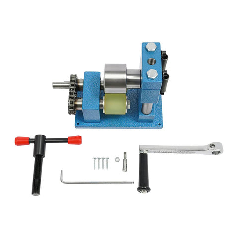 Hand Crank Ring And Bracelet Bender Tool 2 In 1 Jewelry Making Machine with T Bar and Roller Control Handle, screws, wrench displayed.