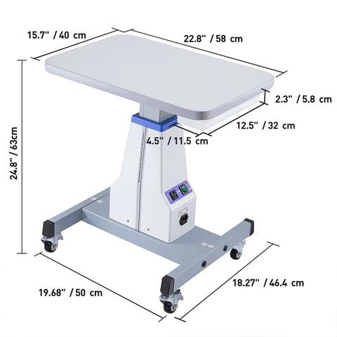 Motorized Optometrist Ophthalmic Table With Electric Lift, Drawer, Aluminum Alloy Post, 22.8x15.7 in surface with dimensions