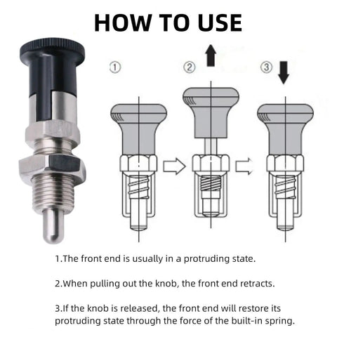 Heavy Duty Stainless Steel Push Fit Ball Nose Spring Plunger 2 Pack M16x1.5 with usage instructions for indexing pin mechanism.
